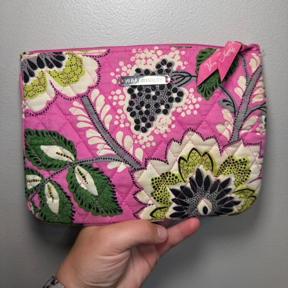Vera Bradley Priscilla Pink Floral Quilted Cotton Cosmetic Pouch Zip Makeup Bag